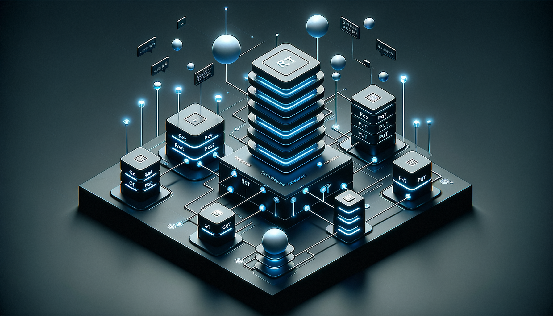 3D isometric visualization of REST API architecture with HTTP method nodes connected by glowing data pathways to a central server