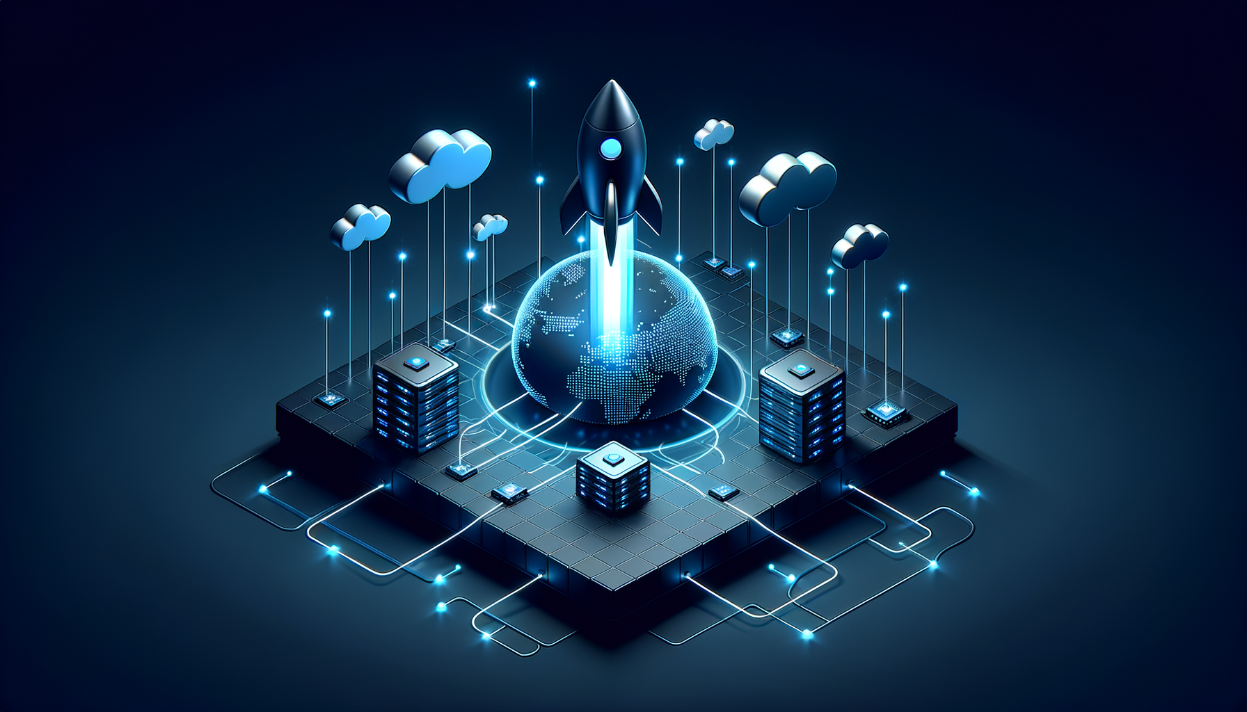 Isometric edge deployment illustration showing a glowing rocket platform launching code packets across a global network of Cloudflare data center nodes