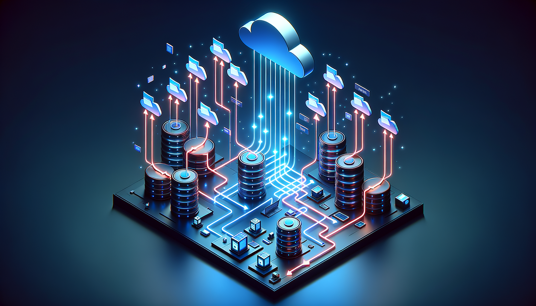 Isometric illustration of files flowing from a client device into Cloudflare R2 storage cylinders over glowing blue trajectories