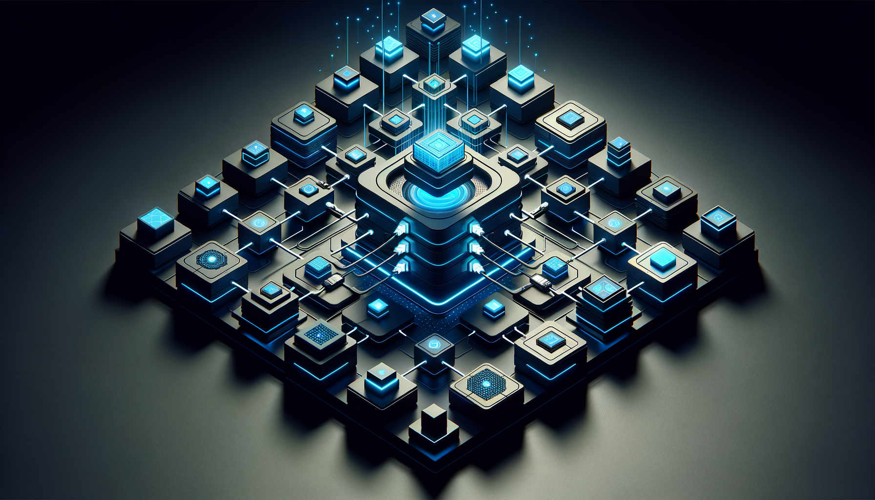 Isometric visualization of a modular plugin system with extension blocks plugging into a central CMS hub via glowing data lines