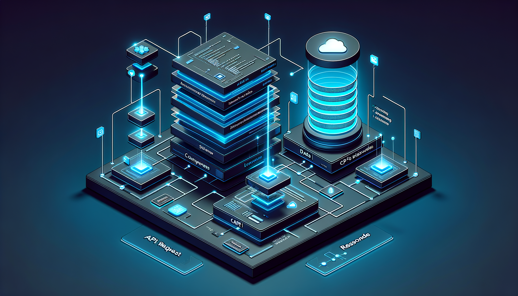 Isometric visualization of a Next.js React Server Components stack consuming a SonicJS headless CMS over glowing edge API streams