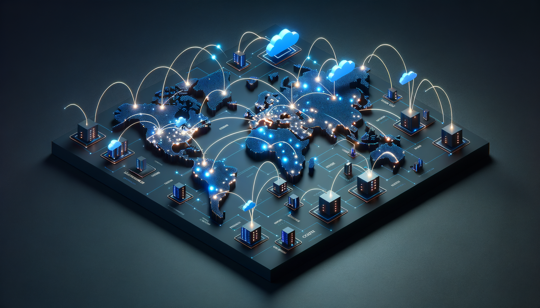 Abstract visualization of edge computing network with globally distributed nodes and data flowing between glowing blue edge servers